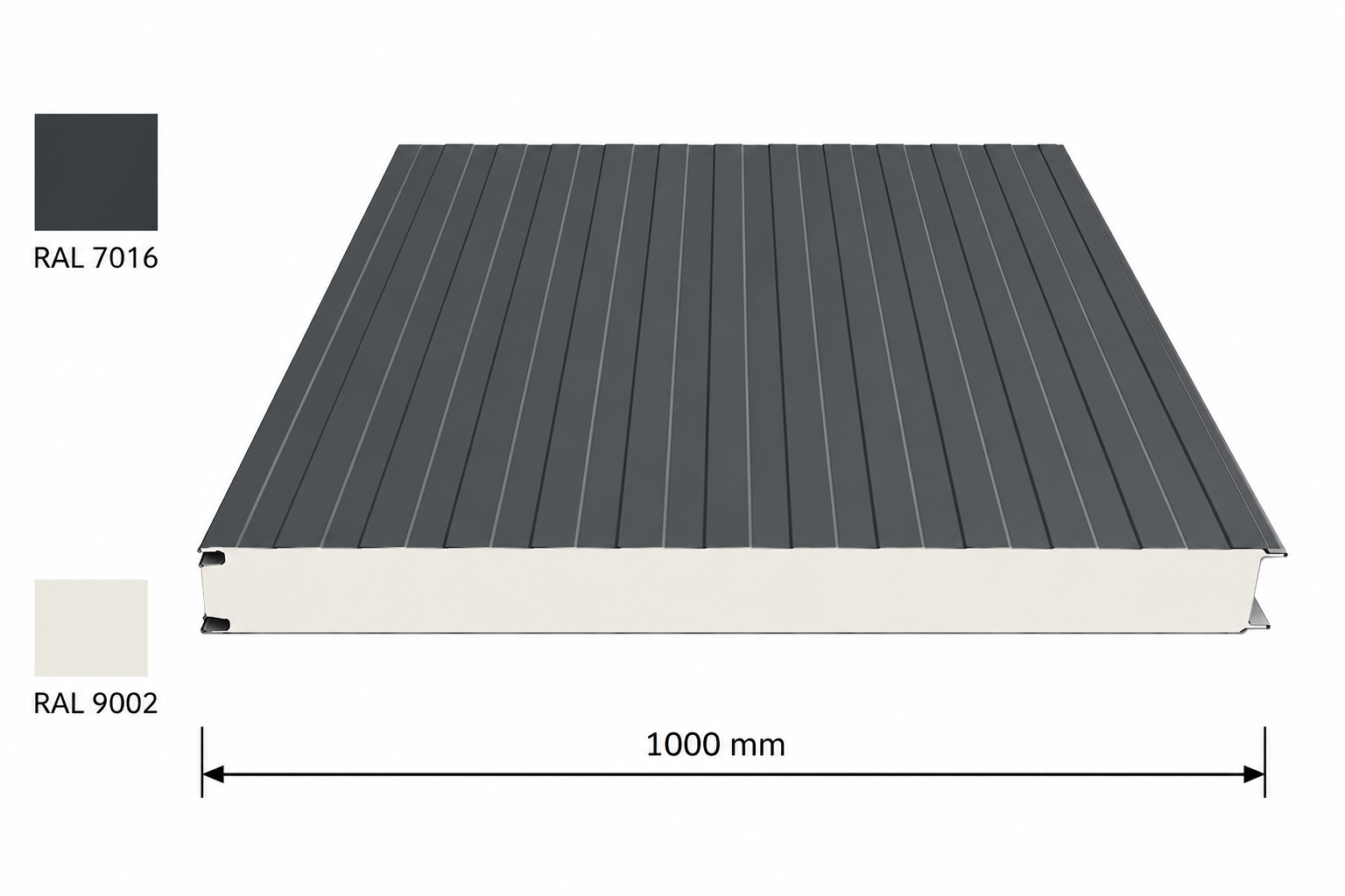Sandwichpanelen 060 dikte, 3000 mm lengte, gelinieerd RAL 7016/9002